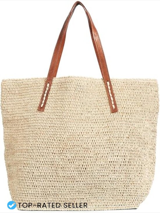 Handbags - Woven Straw Slouchy Tote Magnetic Closure Leather Handles 20in Length